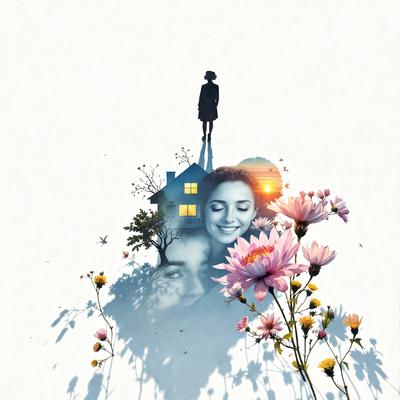 The primary subject of the image is a woman standing in front of a house. The setting is a garden, with a tree and flowers surrounding the woman. The visual style is a combination of digital art and illustration, creating a surreal and dreamy atmosphere. The colors are predominantly pink and yellow, giving the scene a warm and inviting mood.
